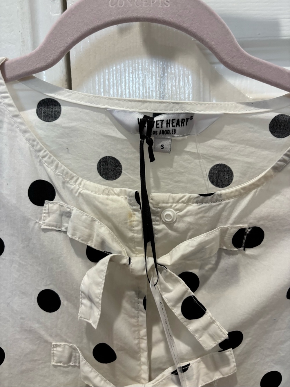 Velvet Heart White and Black Polka Dot Tie-Front Peplum Top - Picture 4 of 6